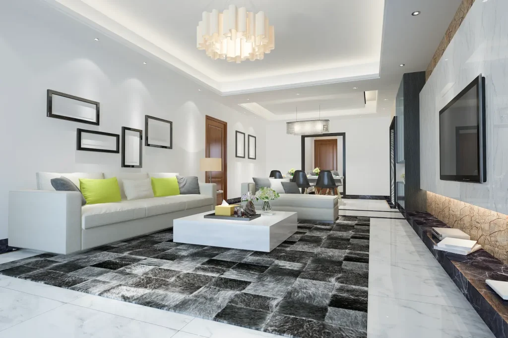 living room with stone tile flooring